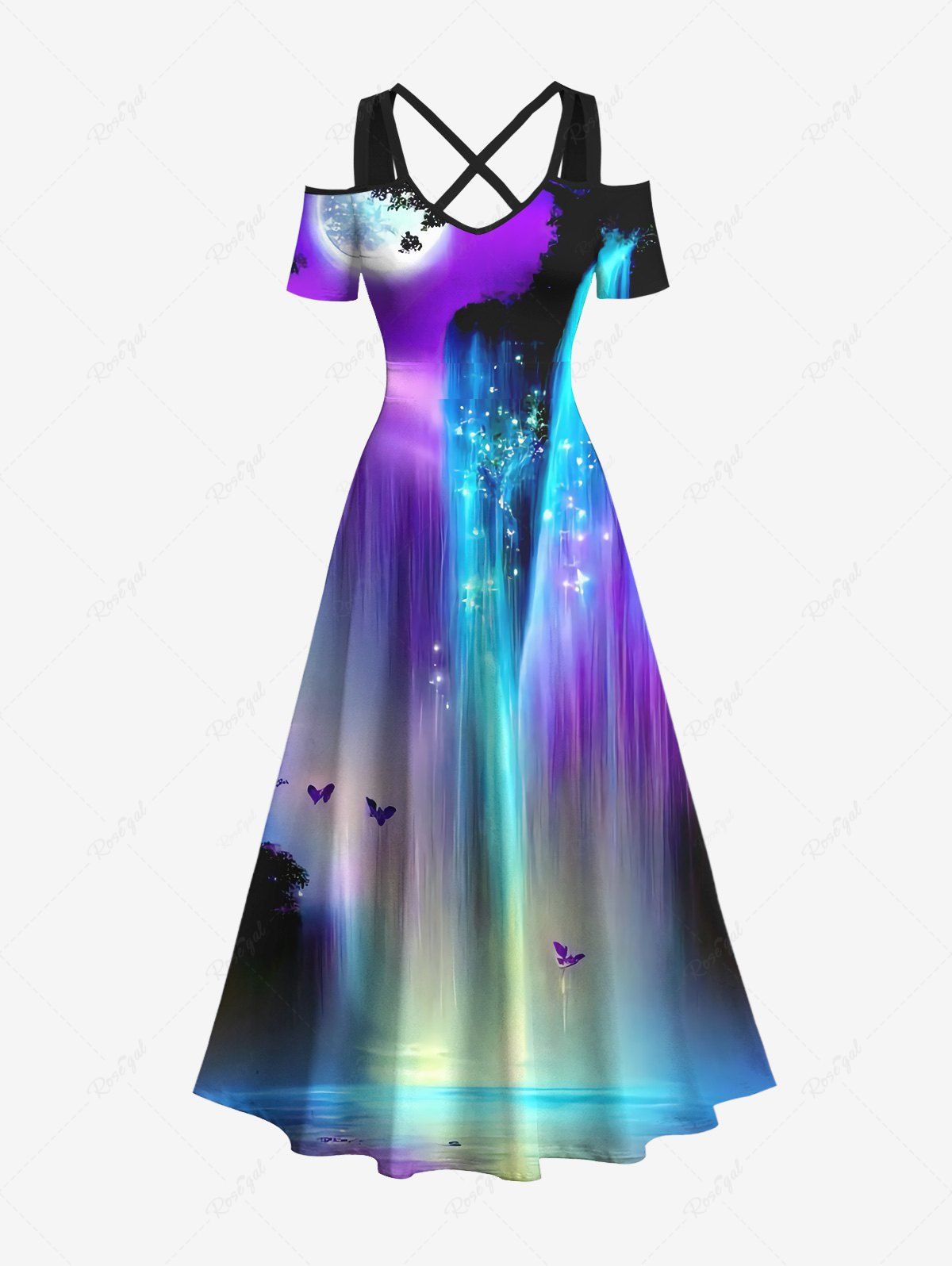 Store Plus Size Cold Shoulder Colorful Glitter Ombre Fall Mountain Tree Butterfly Moon Galaxy Print Crisscross Maxi Dress  