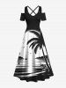 Ink Painting Coconut Tree Sun Sea Bird Print Plus Size Matching Hawaii Beach Outfit For Couples -  