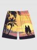 Short de Plage Hawaiien Imprimé Cocotier et Coucher de Soleil Grande Taille pour Homme - Jaune M