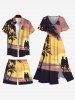 Plus Size Coconut Tree Sunset Mountain Couple Print Hawaii Beach Shorts For Men -  