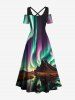Plus Size Lake Mountain Ombre Aurora Glitter 3D Print Crisscross Cold Shoulder Dress -  