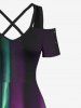 Plus Size Lake Mountain Ombre Aurora Glitter 3D Print Crisscross Cold Shoulder Dress -  