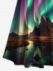 Plus Size Lake Mountain Ombre Aurora Glitter 3D Print Crisscross Cold Shoulder Dress -  