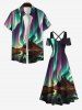 Plus Size Lake Mountain Ombre Aurora Glitter 3D Print Crisscross Cold Shoulder Dress -  