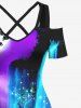 Plus Size Cold Shoulder Colorful Glitter Ombre Fall Mountain Tree Butterfly Moon Galaxy Print Crisscross Maxi Dress -  