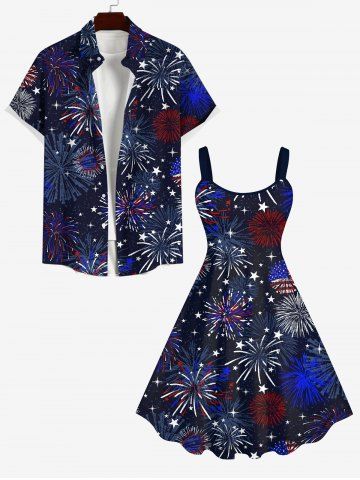 Patriotic American Flag Fireworks Print Plus Size Matching Outfit For Couples - BLACK