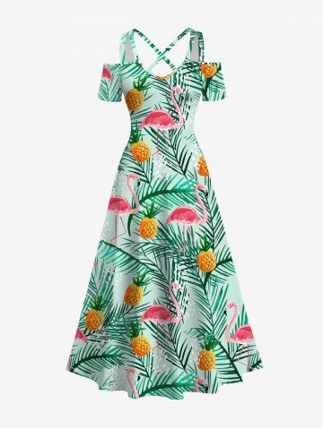 Plus Size Flamingo Coconut Tree Pineapple  Print Crisscross Cold Shoulder Hawaii Dress - GREEN - S