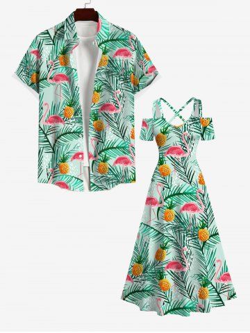 Flamingo Coconut Tree Pineapple Print Plus Size Matching Hawaii Beach Outfit For Couples - GREEN