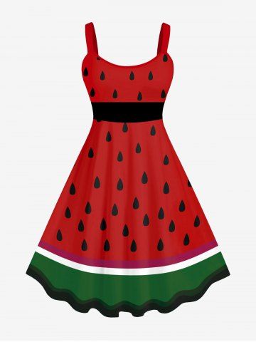 Plus Size Watermelon Colorblocks Print Ruffled Tank Dress - RED - S