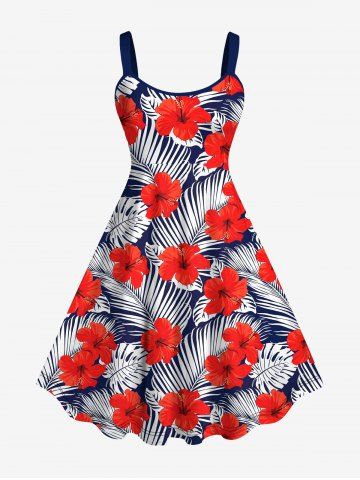 Plus Size Red Hibiscus Flower Tropical Palm Leaf Print Hawaii Tank Dress - RED - XS