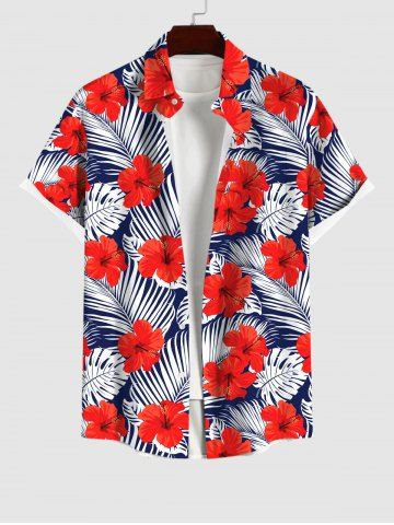 Plus Size Red Hibiscus Flower Tropical Palm Leaf Print Buttons Pocket Hawaii Shirt For Men - RED - M