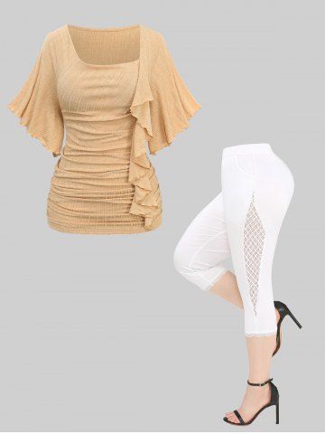 Ruched Ruffles Asymmetrical Butterfly Sleeve T-shirt and Hollow Out Crochet Lace Trim Capri Leggings Plus Size Summer Outfit - GOLDEN