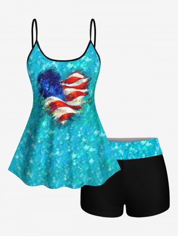 Fashion Paint Heart Water Wave Ripple Print Boyleg Tankini Swimsuit (Adjustable Shoulder Strap) - BLUE - XS