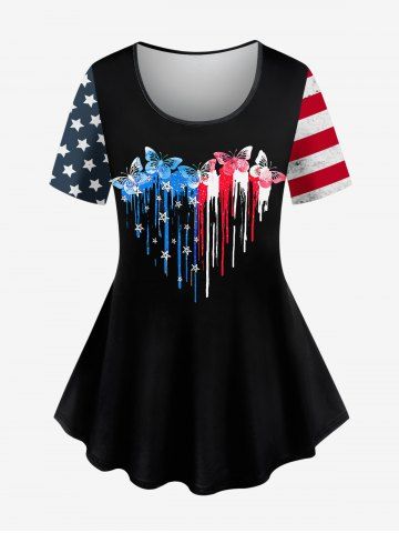 Plus Size Patriotic American Flag Butterfly Stars Heart-Shape Stripe Print T-shirt - BLACK - XS