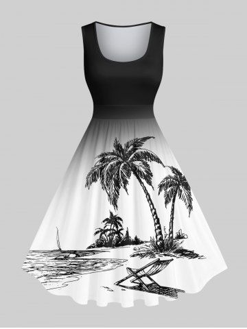 Plus Size Coconut Tree Beach Lounge Chair Ombre Print 1950s Vintage Hawaii Dress - BLACK - M