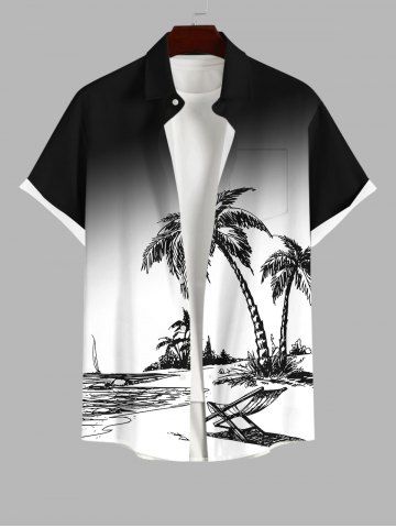Plus Size Coconut Tree Beach Lounge Chair Ombre Print Buttons Pocket Hawaii Shirt For Men