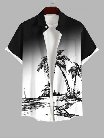 Plus Size Coconut Tree Beach Lounge Chair Ombre Print Buttons Pocket Hawaii Shirt For Men - BLACK - 3XL