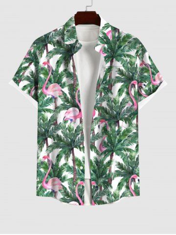 Men's Flamingo Coconut Tree Print Buttons Pocket Hawaii Shirt - GREEN - M