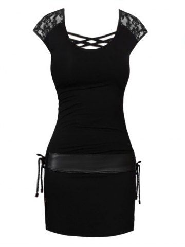 Solid Color Sheer Lace Panel Belted Mini Dress - BLACK - XXL