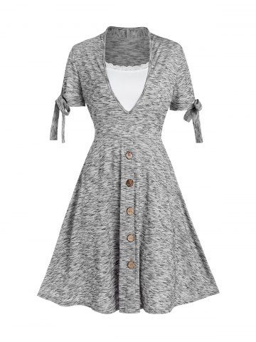 Mock Button Bowknot Lace Panel Space Dye A Line Mini Dress - LIGHT GRAY - XXL