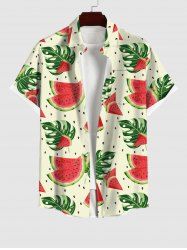 Plus Size Watermelon Tropical Palm Leaf Print Buttons Pocket Hawaii Shirt For Men -  