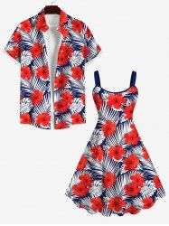 Red Hibiscus Flower Tropical Palm Leaf Print Plus Size Matching Hawaii Beach Outfit For Couples -  