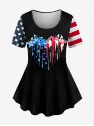 T-shirt Drapeau Américain Cœur Papillon Imprimé de Grande Taille - Noir 1X
