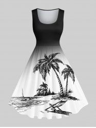 Plus Size Coconut Tree Beach Lounge Chair Ombre Print 1950s Vintage Hawaii Dress -  