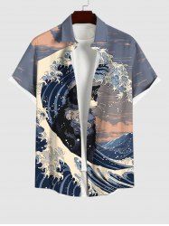 Men's Cat Sea Waves Cloud Print Buttons Pocket Shirt -  