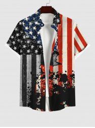 Plus Size Ink Painting Splatter Distressed American Flag Print Button Pocket Shirt For Men -  