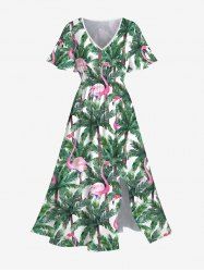 Plus Size Flamingo Pineapple Palm Tree Leaf Print Hawaii Split Dress -  