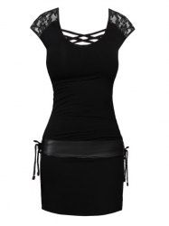 Mini Robe Ceinturée Panneau en Dentelle en Couleur Unie - Noir L