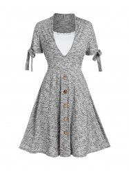 Mock Button Bowknot Lace Panel Space Dye A Line Mini Dress -  