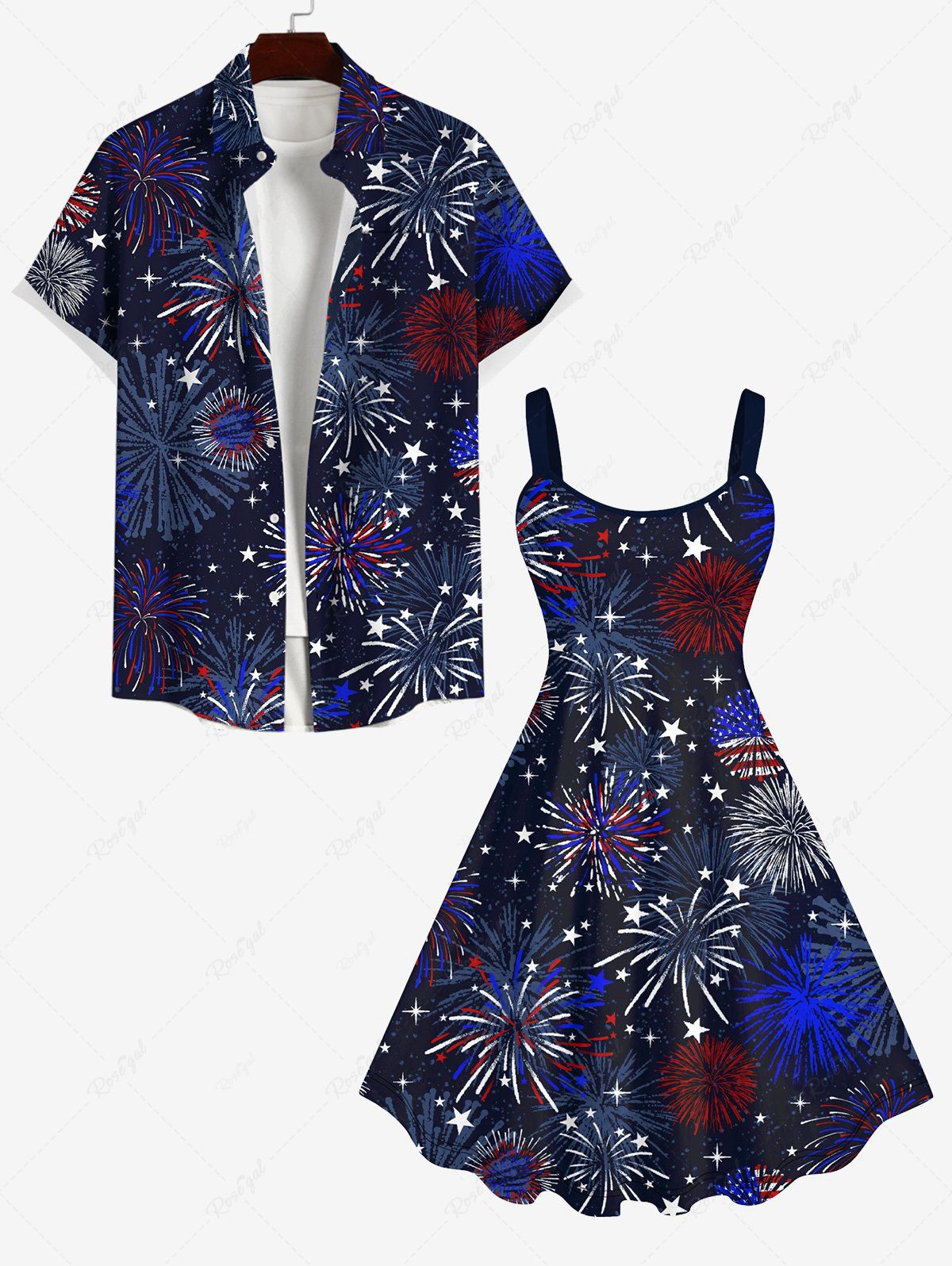 Shop Patriotic American Flag Fireworks Print Plus Size Matching Outfit For Couples  