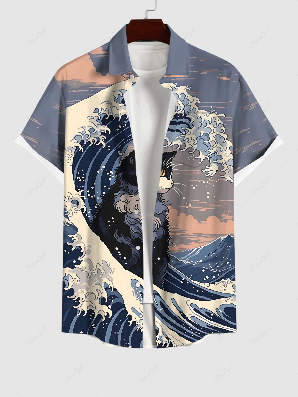 Outfits Men's Cat Sea Waves Cloud Print Buttons Pocket Shirt  