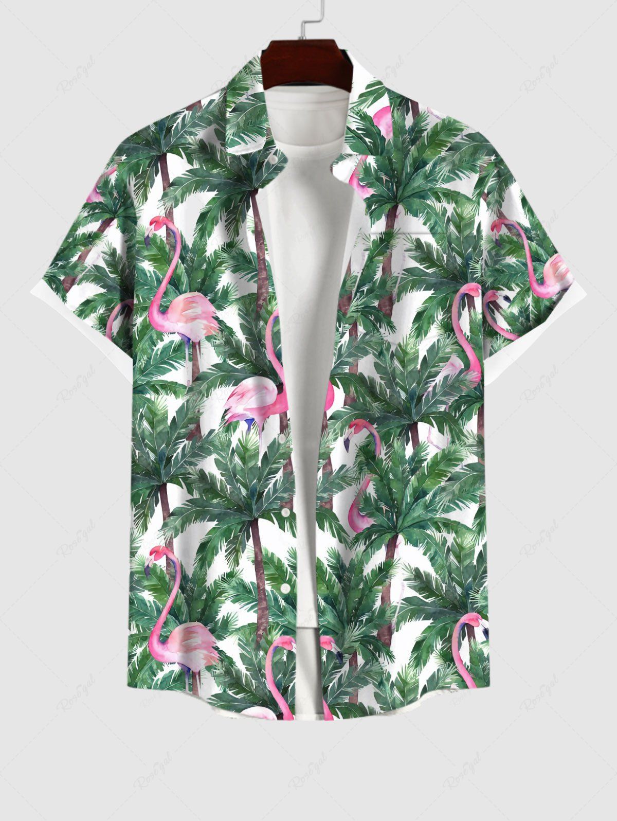 Buy Men's Flamingo Coconut Tree Print Buttons Pocket Hawaii Shirt  