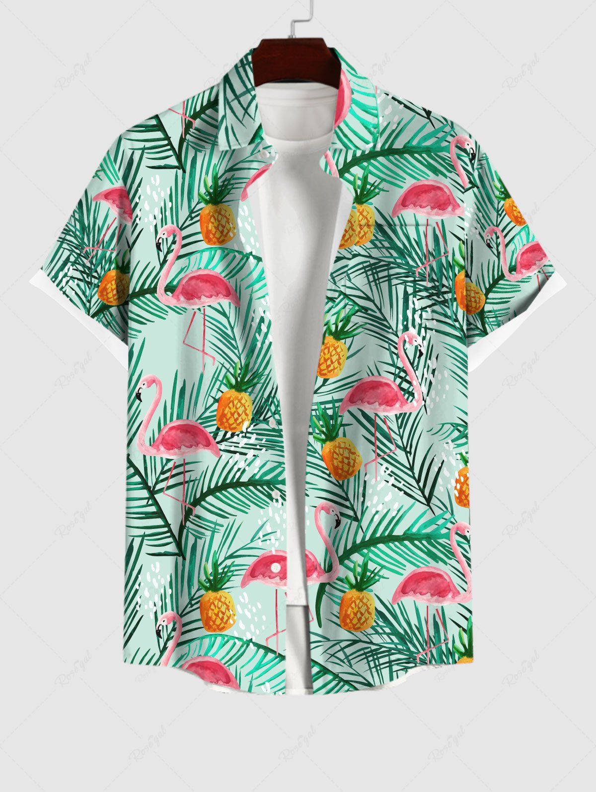 Fashion Men's Flamingo Pineapple Palm Tree Leaf Print Buttons Pocket Hawaii Shirt  