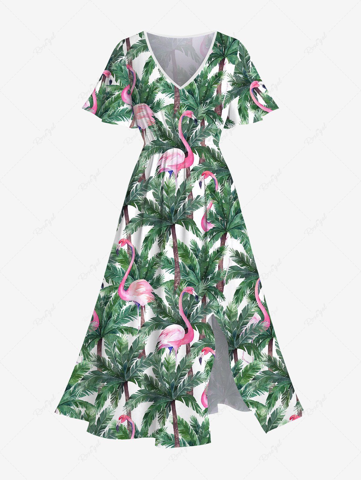 Unique Plus Size Flamingo Pineapple Palm Tree Leaf Print Hawaii Split Dress  