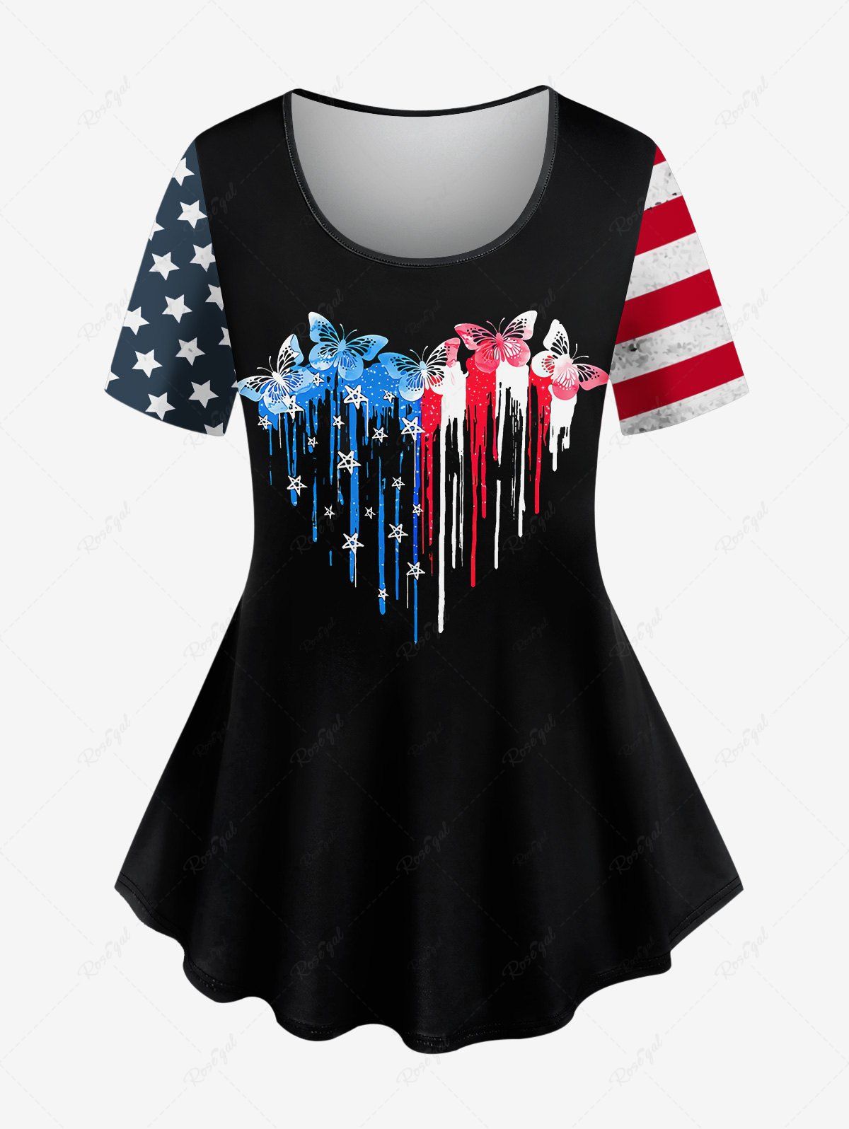 Trendy Plus Size Patriotic American Flag Butterfly Stars Heart-Shape Stripe Print T-shirt  