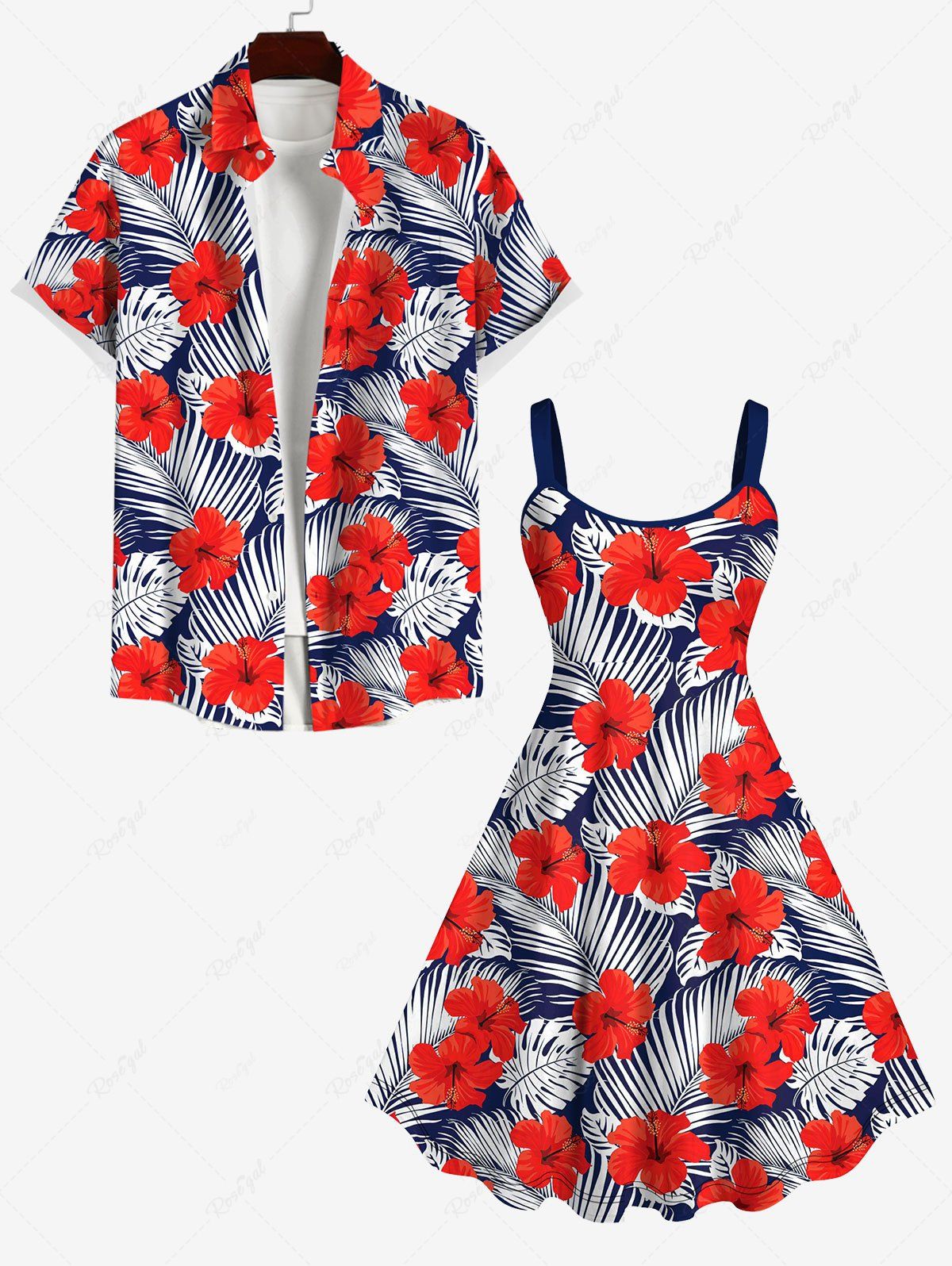 Online Red Hibiscus Flower Tropical Palm Leaf Print Plus Size Matching Hawaii Beach Outfit For Couples  