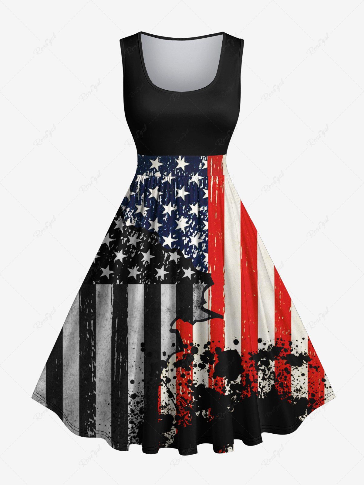 Outfits Plus Size Ink Painting Splatter Distressed American Flag Print 1950s Vintage Swing A Line Dress  