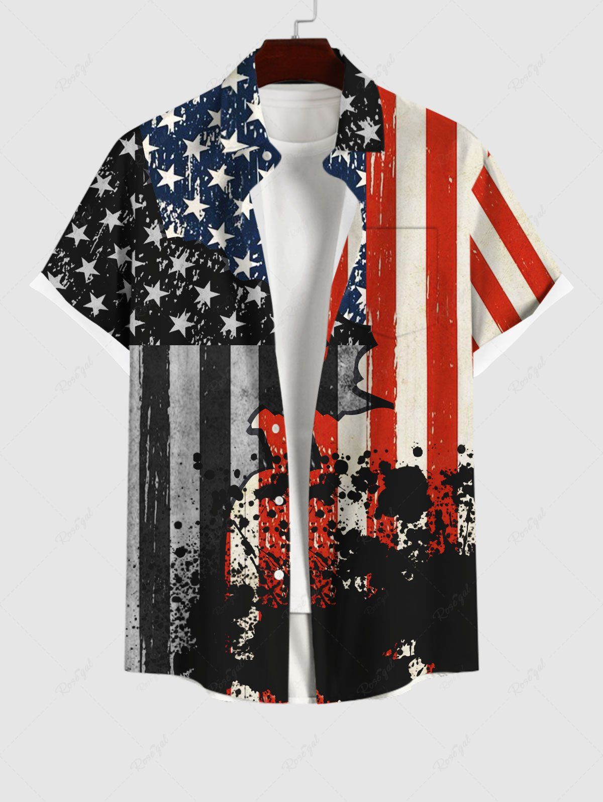 Sale Plus Size Ink Painting Splatter Distressed American Flag Print Button Pocket Shirt For Men  