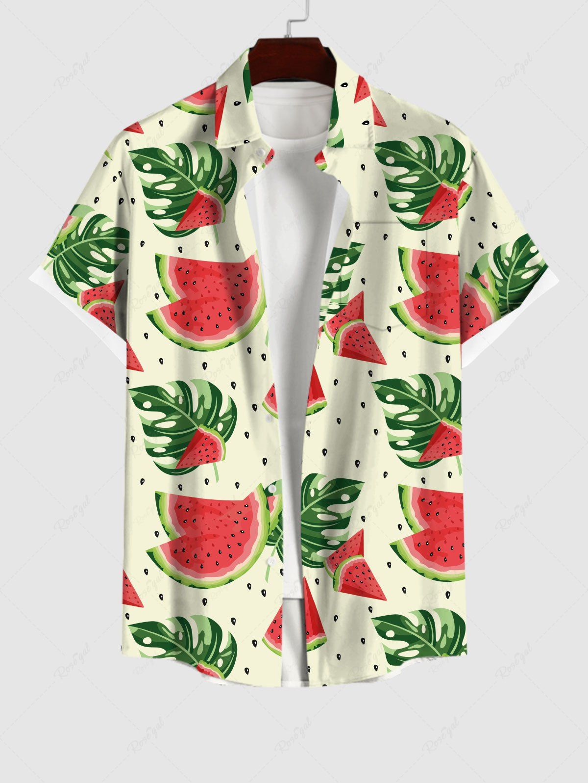 Outfit Plus Size Watermelon Tropical Palm Leaf Print Buttons Pocket Hawaii Shirt For Men  