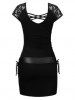Mini Robe Ceinturée Panneau en Dentelle en Couleur Unie - Noir L