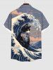 Men's Cat Sea Waves Cloud Print Buttons Pocket Shirt -  