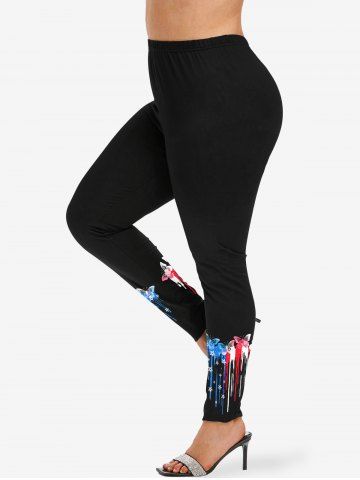 Plus Size Patriotic American Flag Butterfly Heart Paint Drop Blob Print Leggings - BLACK - S