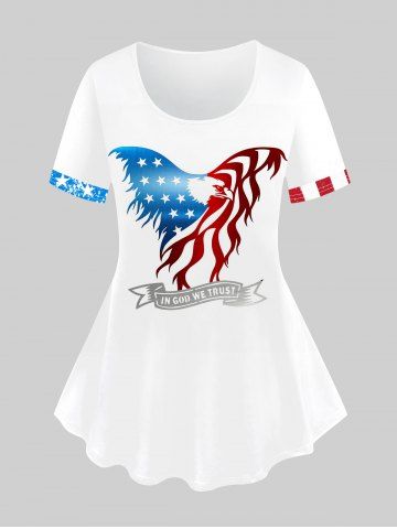 Plus Size Patriotic American Flag Eagle Butterfly Ribbon Print T-shirt - WHITE - XS