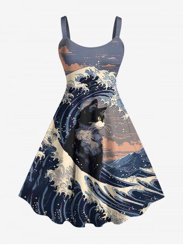 Plus Size Cat Sea Waves Cloud Print Tank Dress