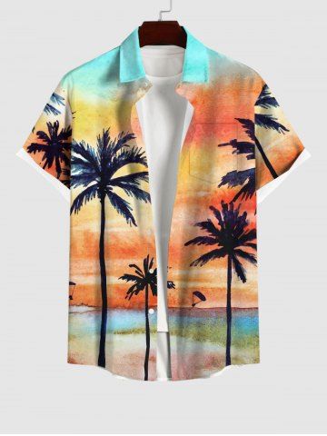 Plus Size Coconut Tree Parachute Ombre Tie Dye Print Buttons Pocket Hawaii Shirt For Men