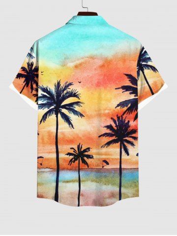 Plus Size Coconut Tree Parachute Ombre Tie Dye Print Buttons Pocket Hawaii Shirt For Men